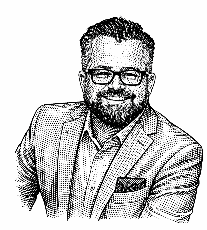 Portrait of Scott Shinn — engraved illustration in the style of a broadsheet newspaper